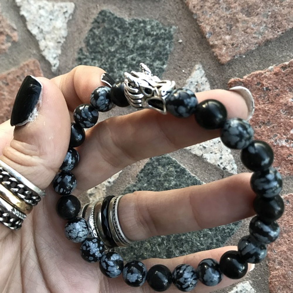 Genuine Obsidian gemstones silver dragon bracelet - Picture 1 of 8